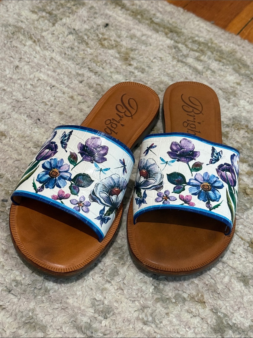 Brighton Floral Slide Sandals in White, Brown, Purple & Blue